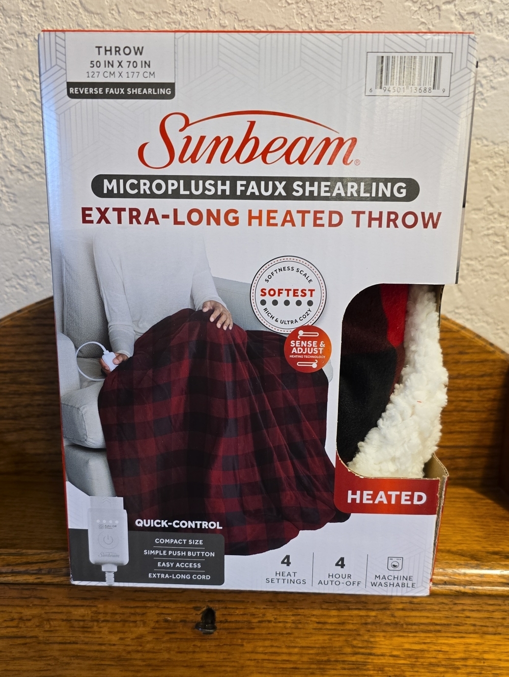 Sunbeam Red and Black Plaid Microplush Faux Shearling Heated Throw